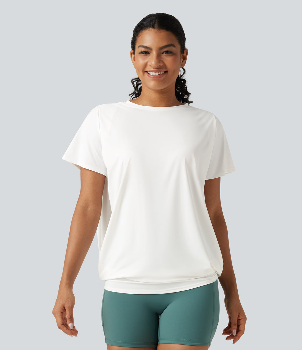 Round Neck Short Sleeve Ruched InstantCool Yoga Sports Top-Longer Length-UPF50+ — White — view 4