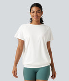 Round Neck Short Sleeve Ruched InstantCool Yoga Sports Top-Longer Length-UPF50+ — White — view 4