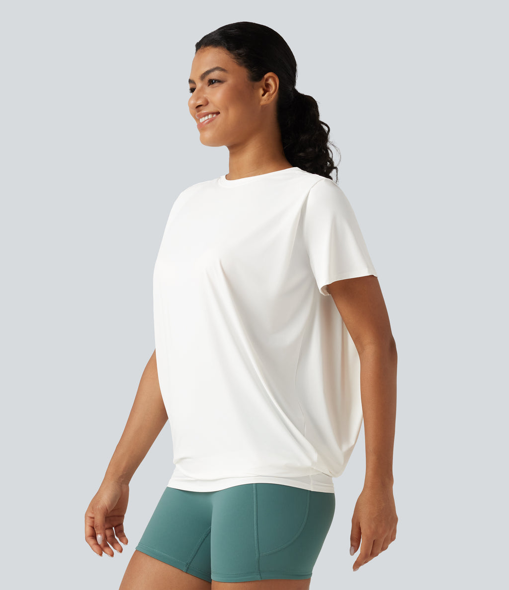 Round Neck Short Sleeve Ruched InstantCool Yoga Sports Top-Longer Length-UPF50+ — White — view 3