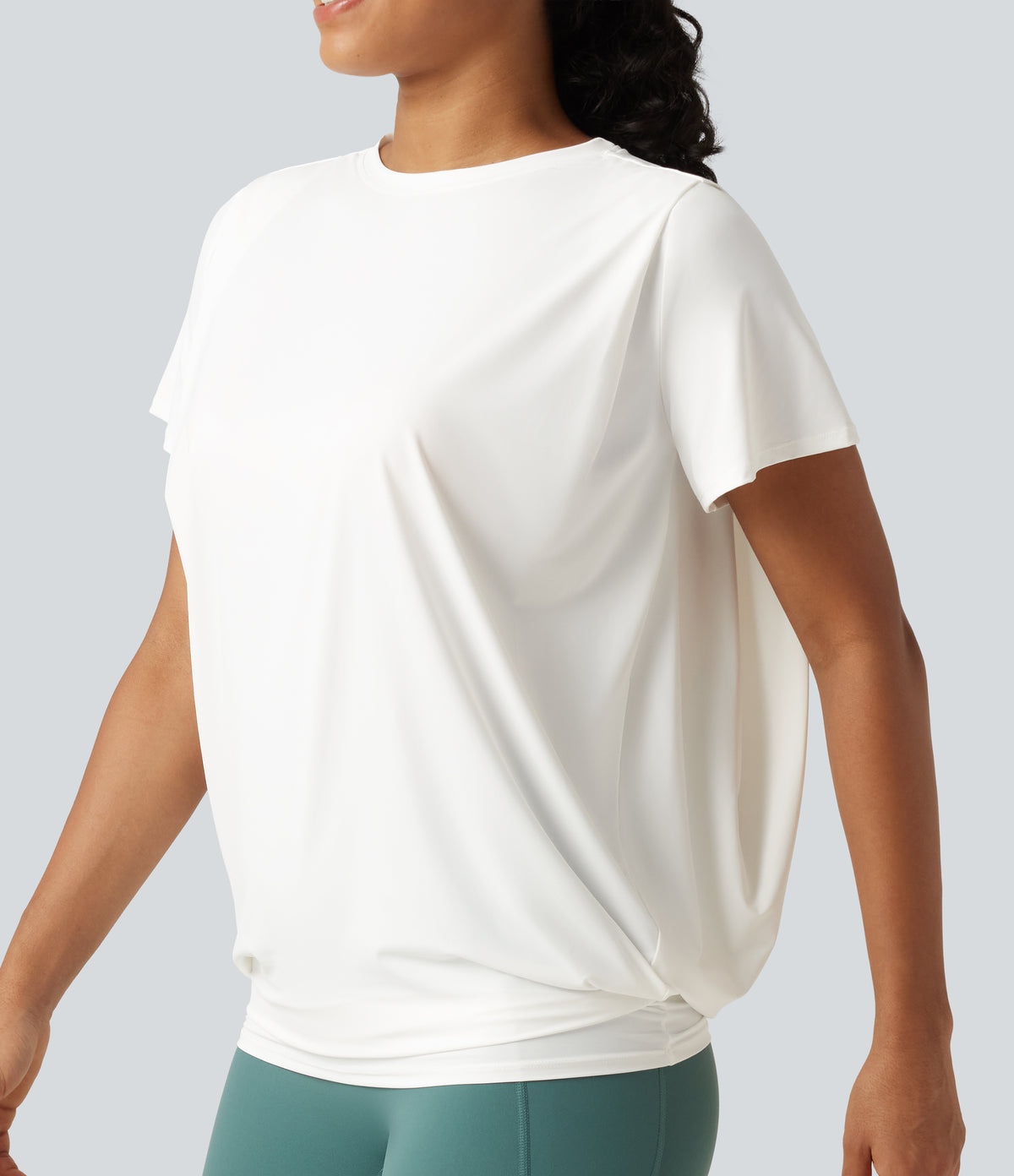 Round Neck Short Sleeve Ruched InstantCool Yoga Sports Top-Longer Length-UPF50+ — White — view 5