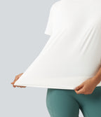 Round Neck Short Sleeve Ruched InstantCool Yoga Sports Top-Longer Length-UPF50+ — White — view 6