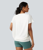 Round Neck Short Sleeve Ruched InstantCool Yoga Sports Top-Longer Length-UPF50+ — White — view 2