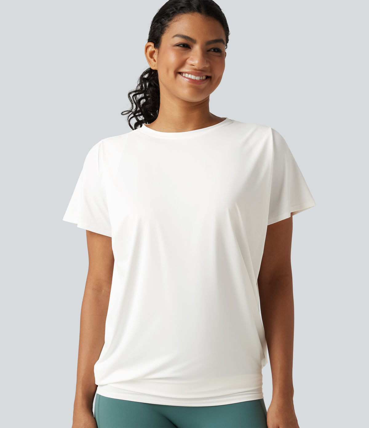 Round Neck Short Sleeve Ruched InstantCool Yoga Sports Top-Longer Length-UPF50+ — White — view 1
