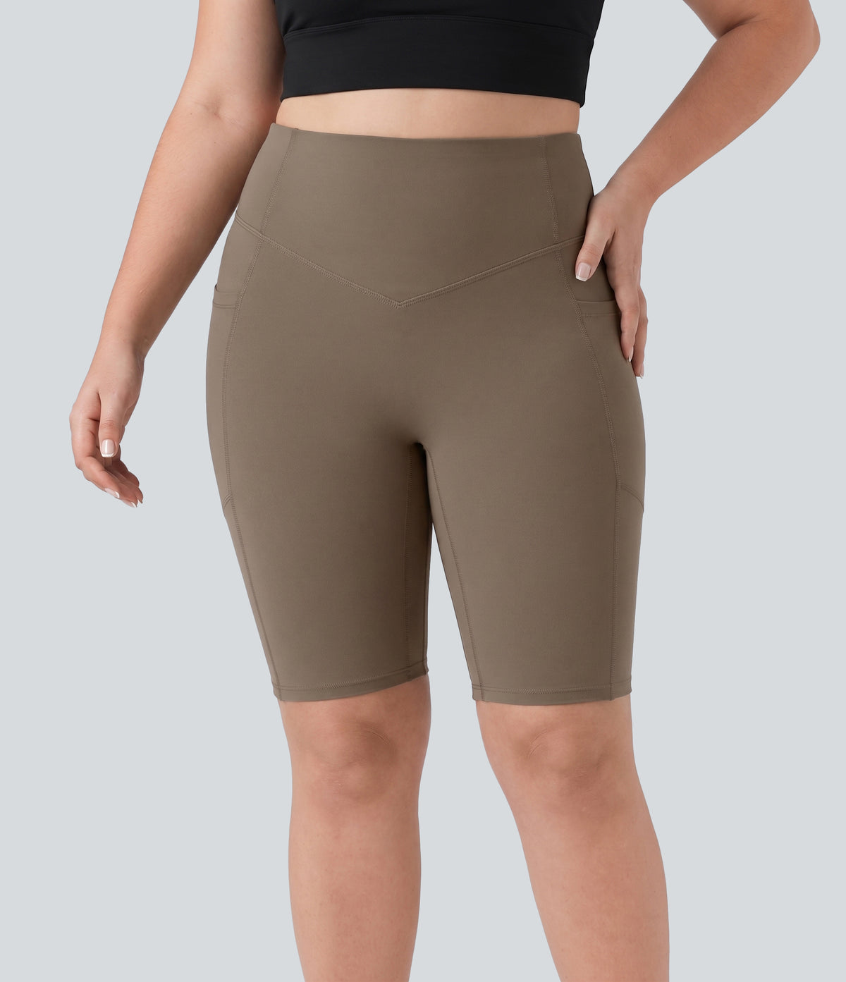 Plus Size High Waisted Scrunch Butt Lifting Tummy Control Shaping Training Biker Shorts 9'' with Pockets — Dawn Brown — view 3