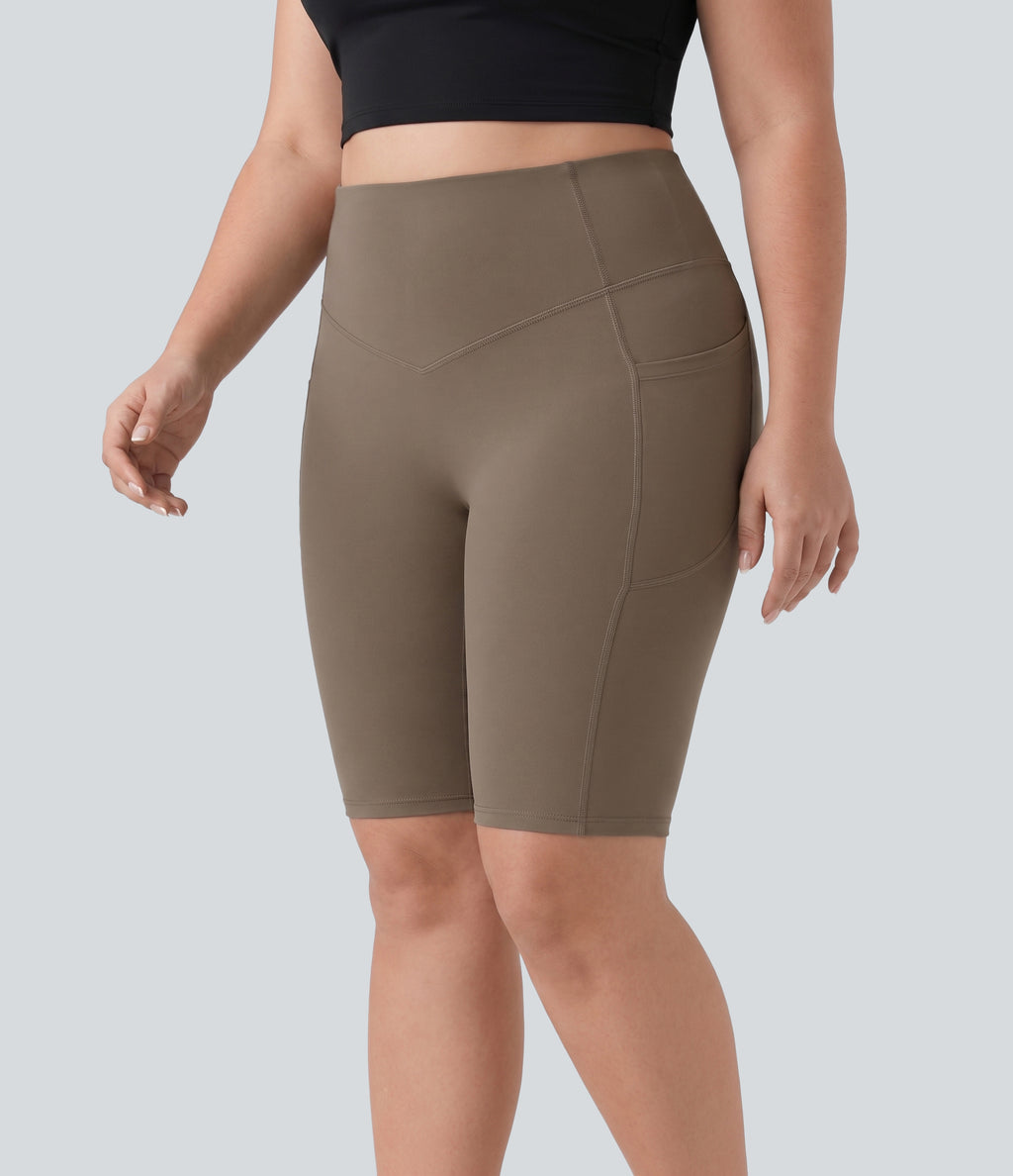 Plus Size High Waisted Scrunch Butt Lifting Tummy Control Shaping Training Biker Shorts 9'' with Pockets — Dawn Brown — view 4