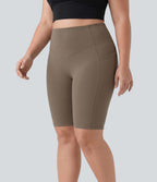 Plus Size High Waisted Scrunch Butt Lifting Tummy Control Shaping Training Biker Shorts 9'' with Pockets — Dawn Brown — view 4