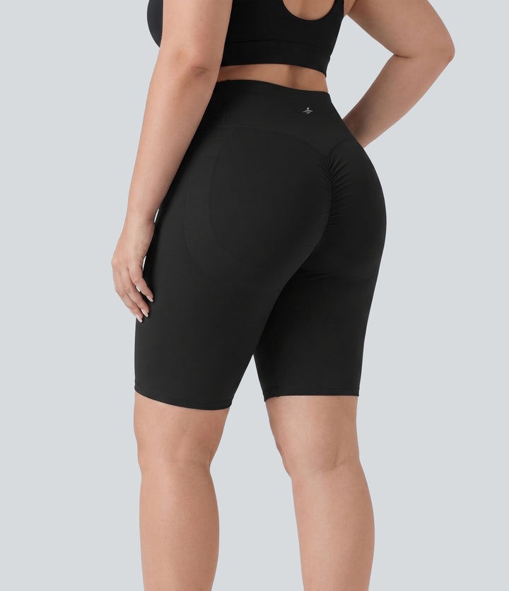 Plus Size High Waisted Scrunch Butt Lifting Tummy Control Shaping Training Biker Shorts 9'' with Pockets — Black — view 7
