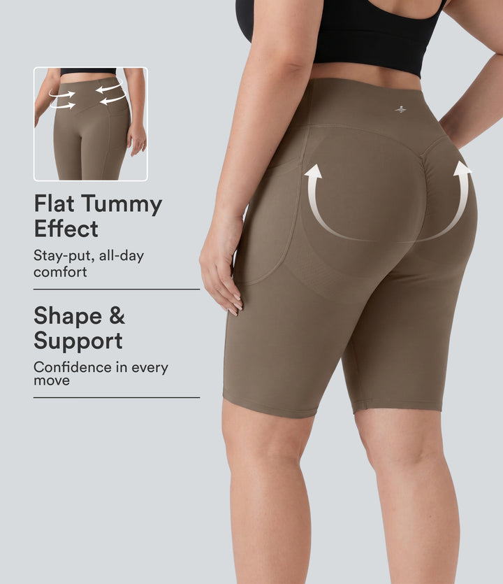 Plus Size High Waisted Scrunch Butt Lifting Tummy Control Shaping Training Biker Shorts 9'' with Pockets — Dawn Brown — view 1