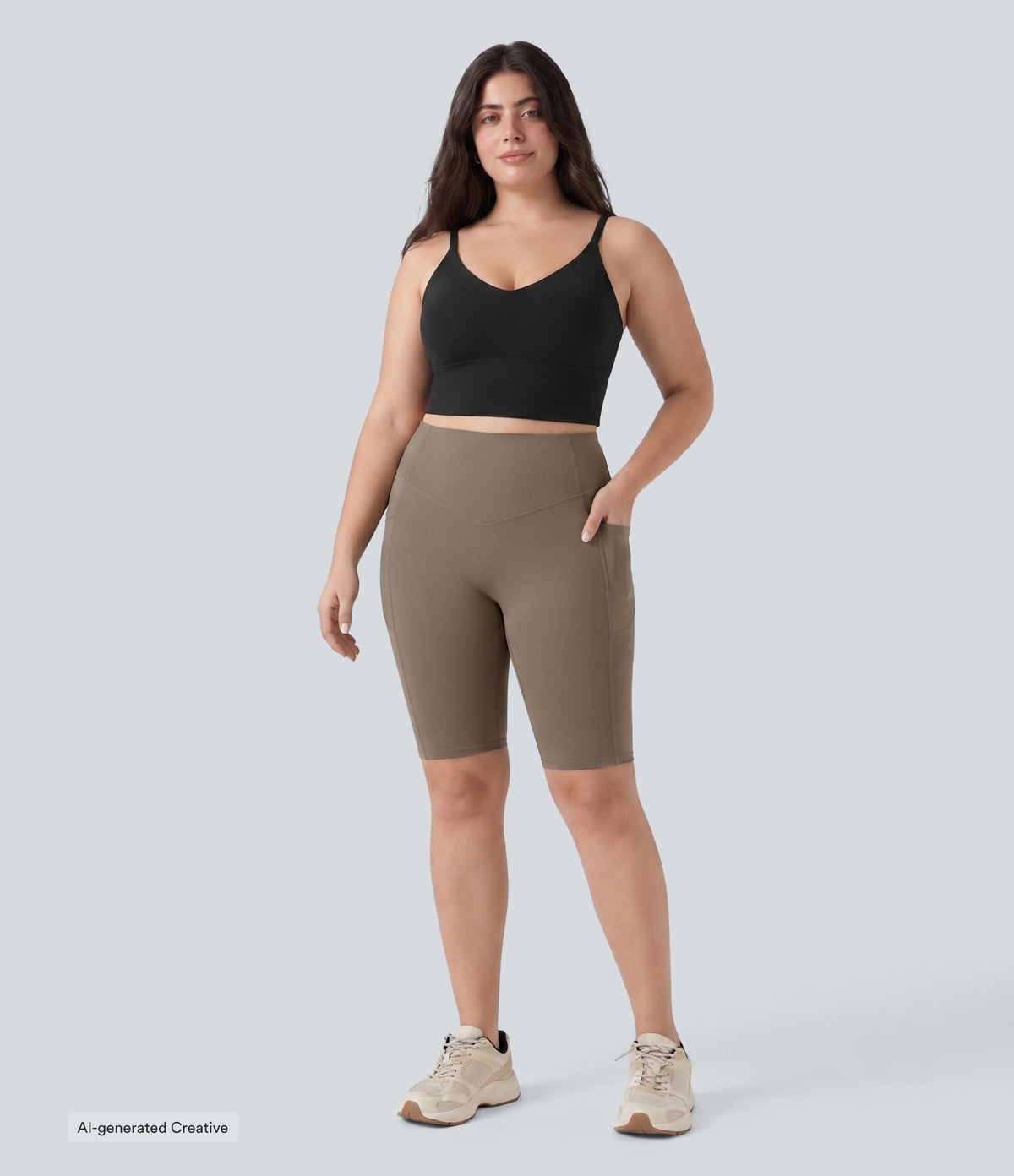 Plus Size High Waisted Scrunch Butt Lifting Tummy Control Shaping Training Biker Shorts 9'' with Pockets — Dawn Brown — view 6