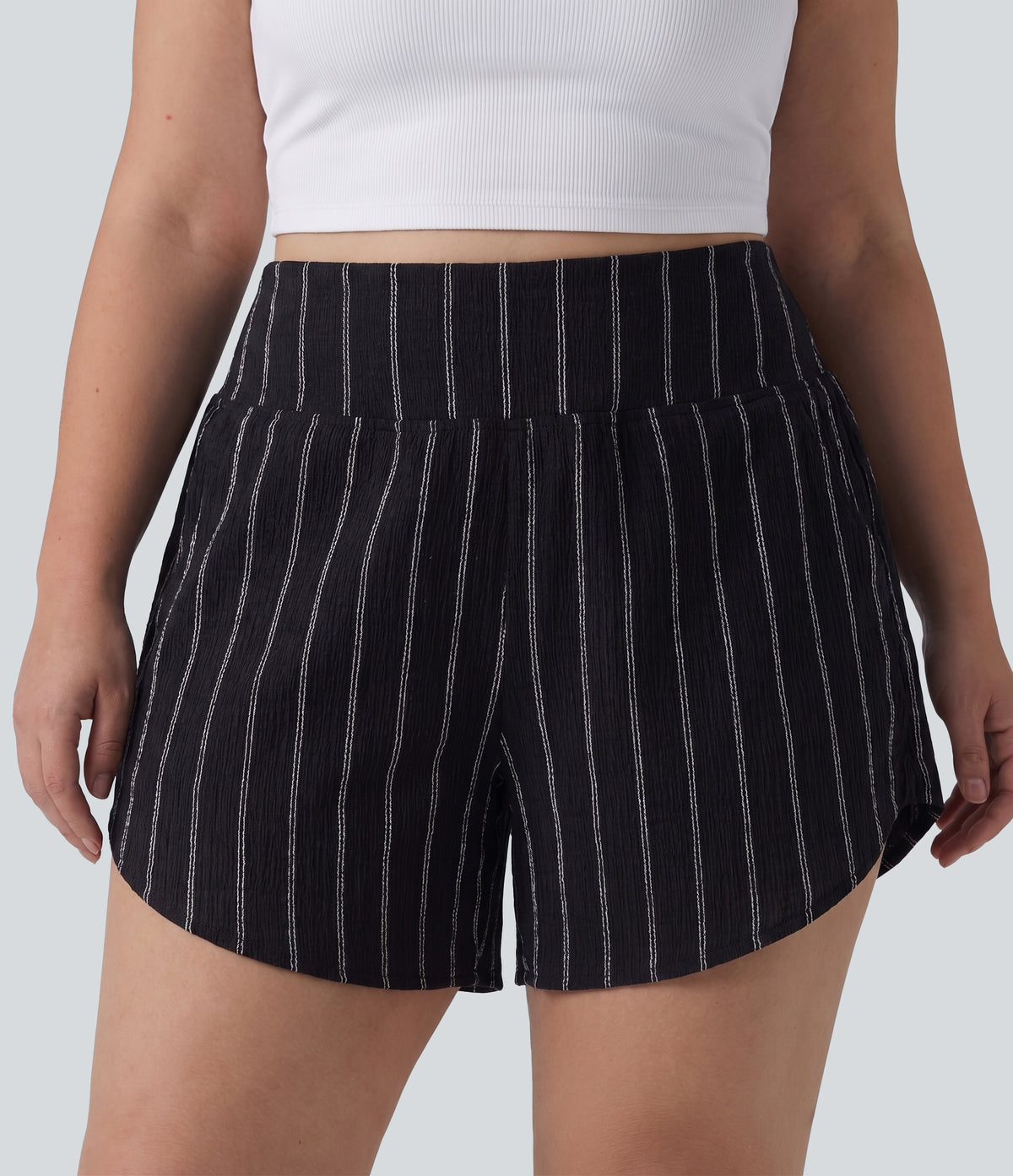 Plus Size High Waisted Curved Hem Stripe Casual Shorts with Pockets — Night Dual Stripe — view 3