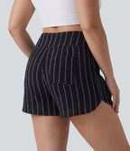 Plus Size High Waisted Curved Hem Stripe Casual Shorts with Pockets — Night Dual Stripe — view 2