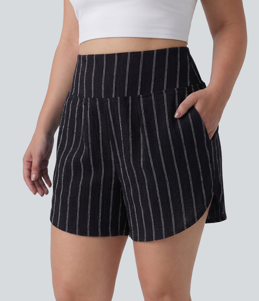 Plus Size High Waisted Curved Hem Stripe Casual Shorts with Pockets — Night Dual Stripe — view 1