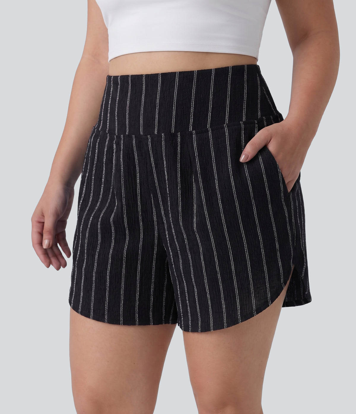 Plus Size High Waisted Curved Hem Stripe Casual Shorts with Pockets — Night Dual Stripe — view 1