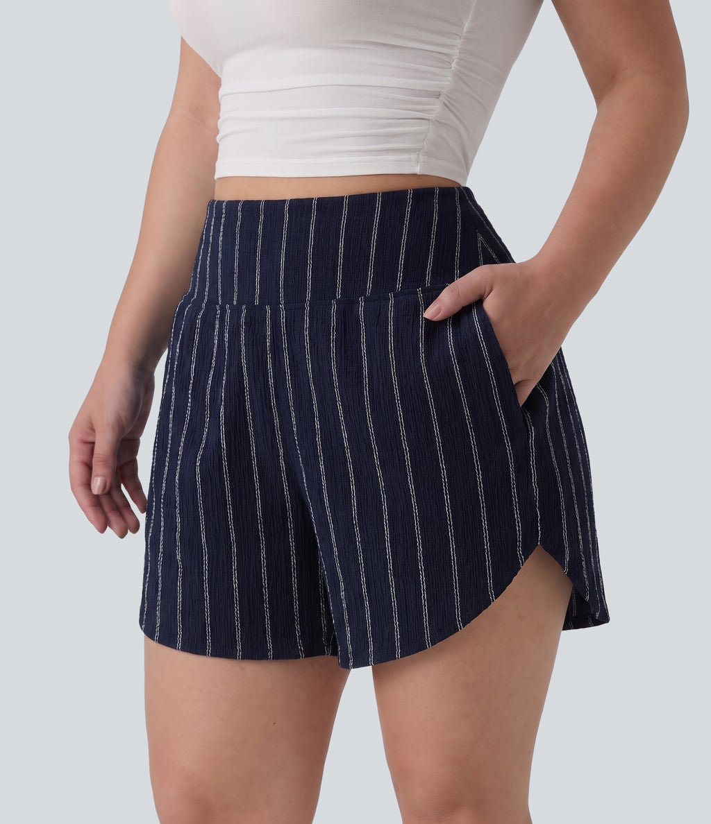 Plus Size High Waisted Curved Hem Stripe Casual Shorts with Pockets — Navy Dual Stripe — view 6