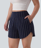 Plus Size High Waisted Curved Hem Stripe Casual Shorts with Pockets — Navy Dual Stripe — view 6