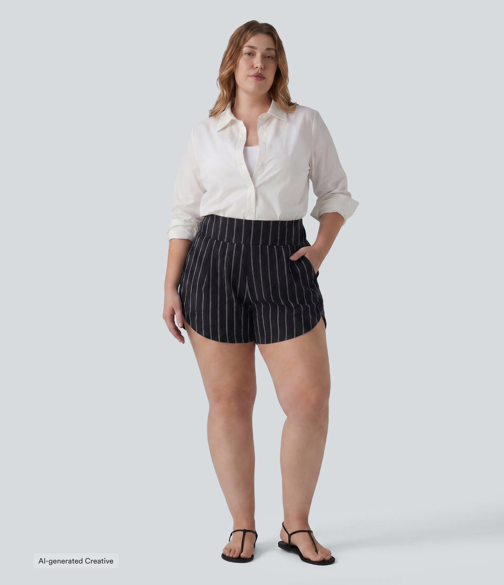 Plus Size High Waisted Curved Hem Stripe Casual Shorts with Pockets — Night Dual Stripe — view 5