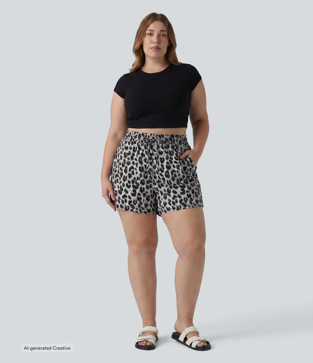 Plus Size High Waisted Drawstring Leopard Print Casual Shorts with Pockets — Silver Leopard Print — view 5