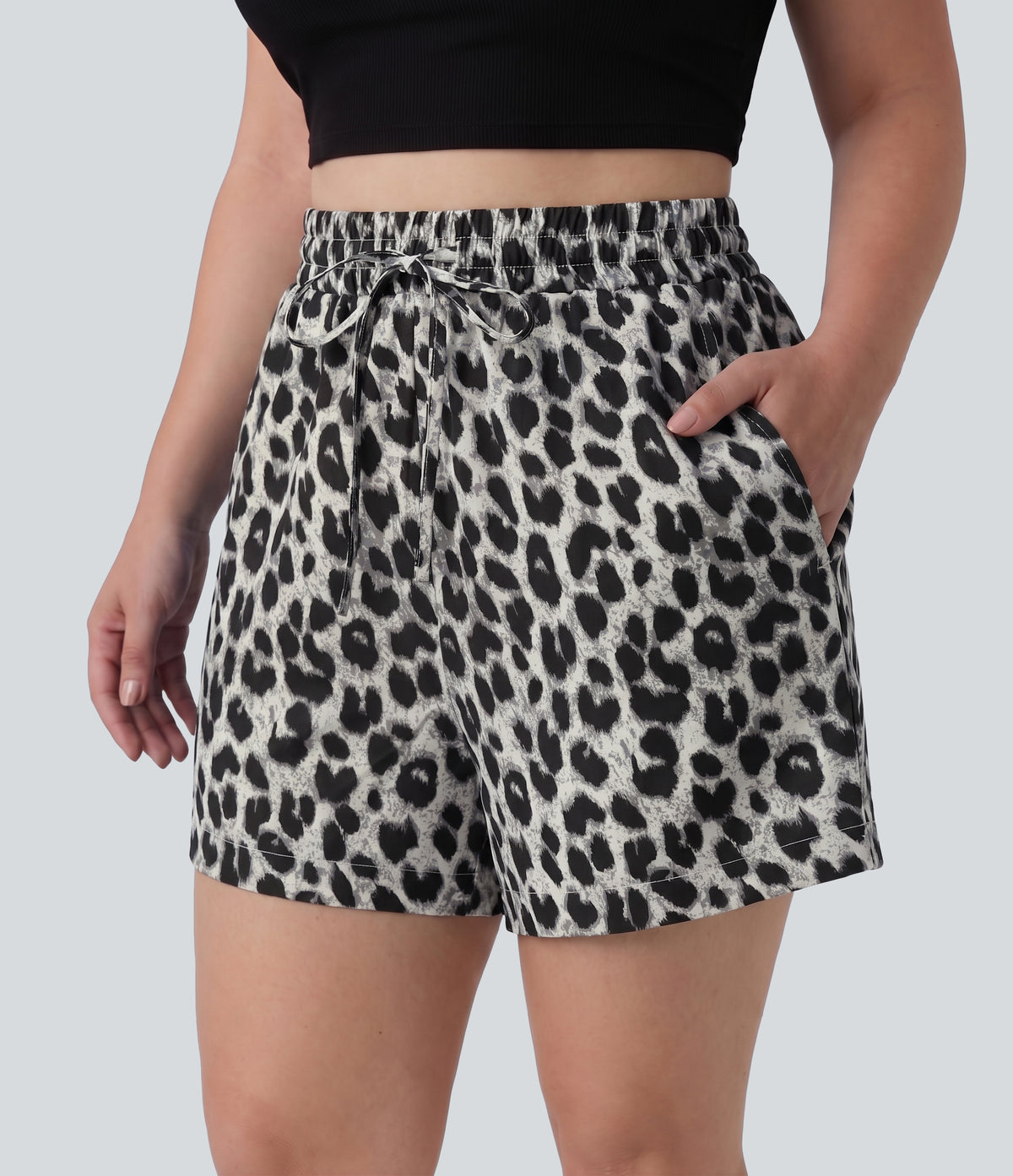 Plus Size High Waisted Drawstring Leopard Print Casual Shorts with Pockets — Silver Leopard Print — view 3