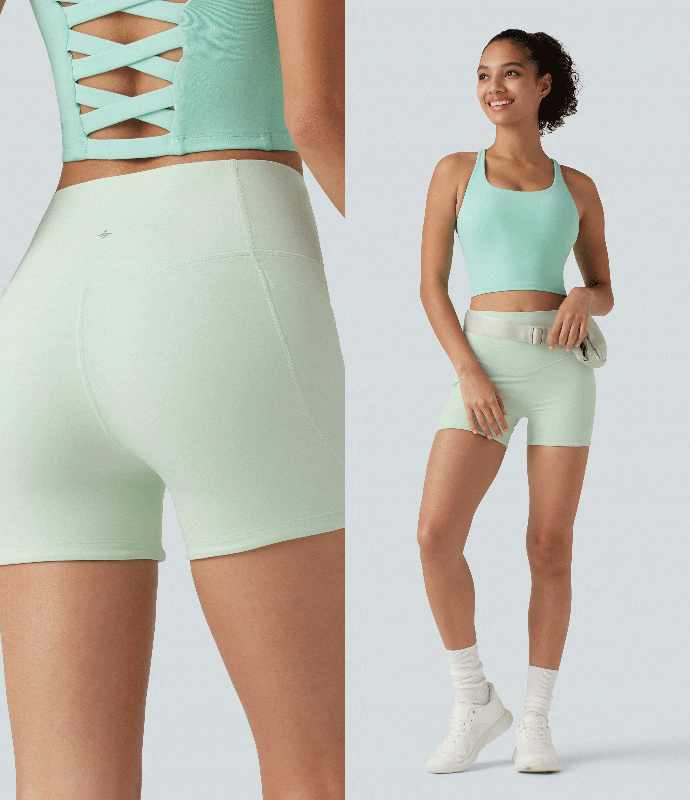 High Waisted Tummy Control Shaping Training Biker Shorts 3'' with Pockets — Dusty Aqua — view 5