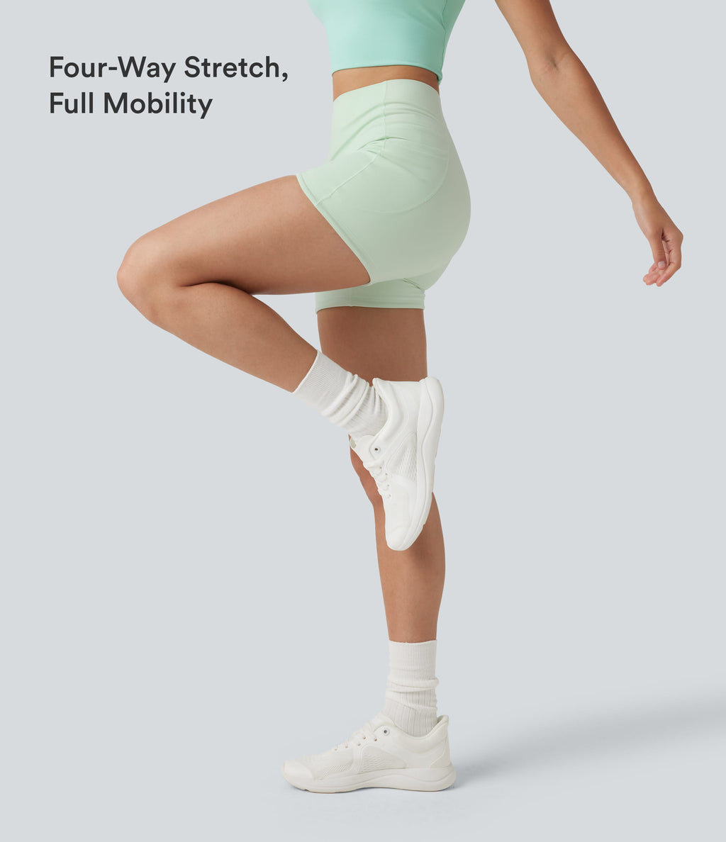 High Waisted Tummy Control Shaping Training Biker Shorts 3'' with Pockets — Dusty Aqua — view 6