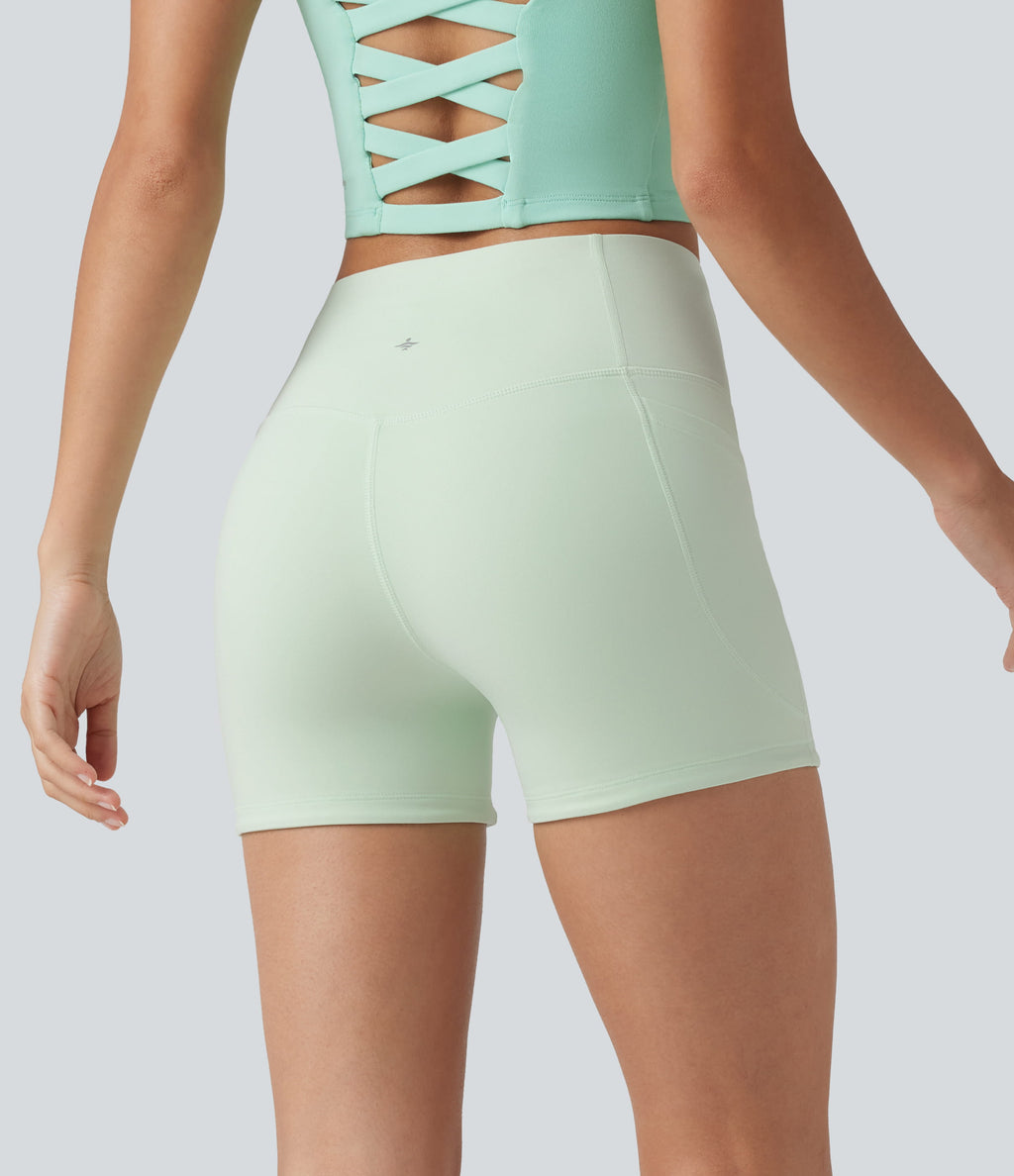 High Waisted Tummy Control Shaping Training Biker Shorts 3'' with Pockets — Dusty Aqua — view 4
