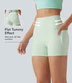 High Waisted Tummy Control Shaping Training Biker Shorts 3'' with Pockets — Dusty Aqua — view 1