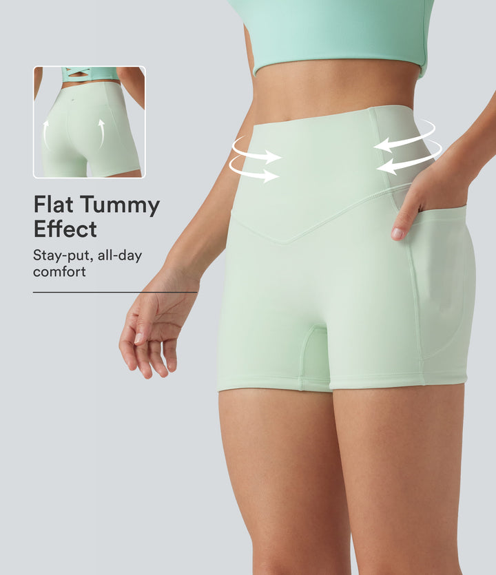 High Waisted Tummy Control Shaping Training Biker Shorts 3'' with Pockets — Dusty Aqua — view 1