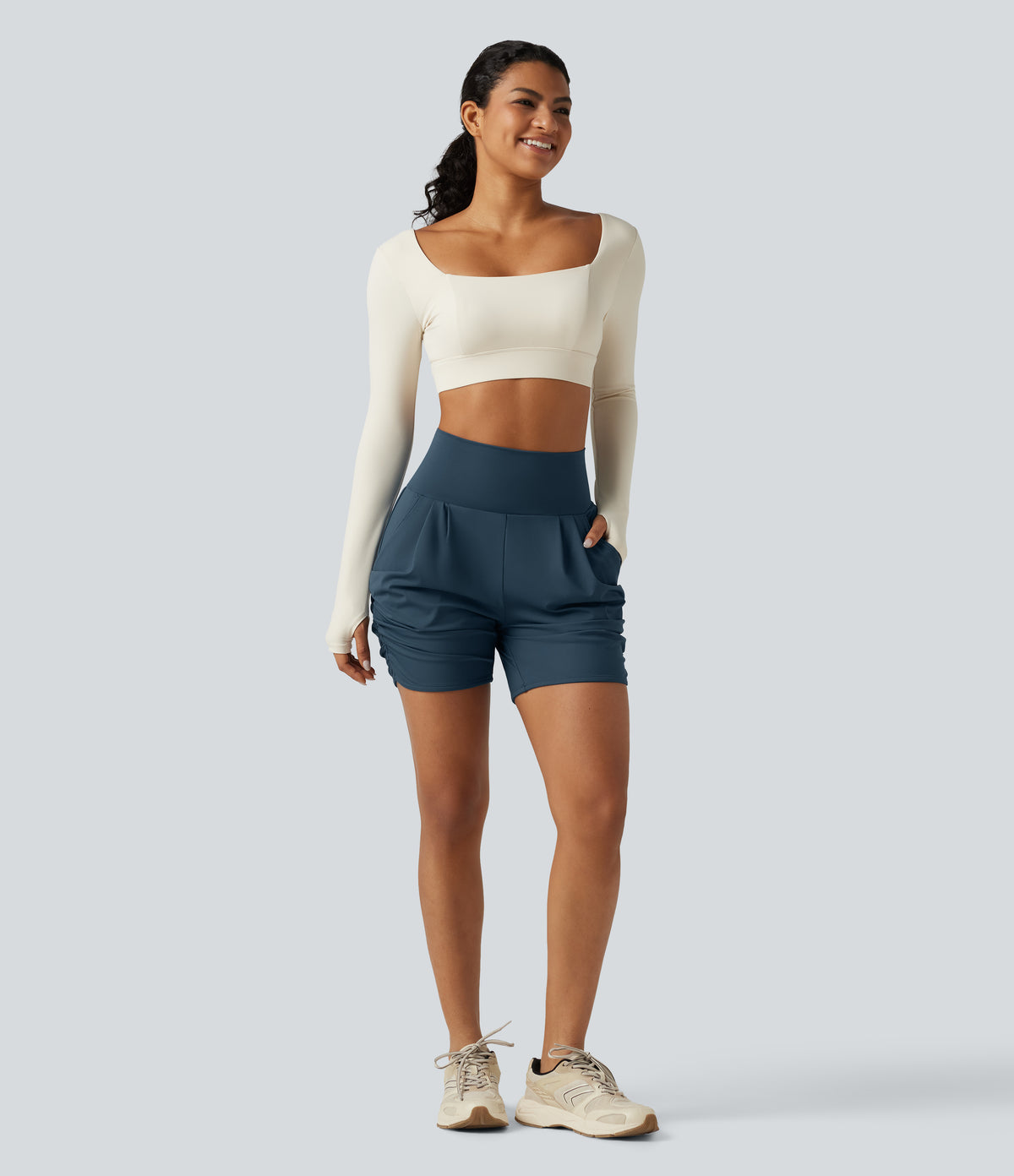 Airy High Waisted Ruched InstantCool Yoga Shorts 5'' with Pockets — Majolica Blue — view 8