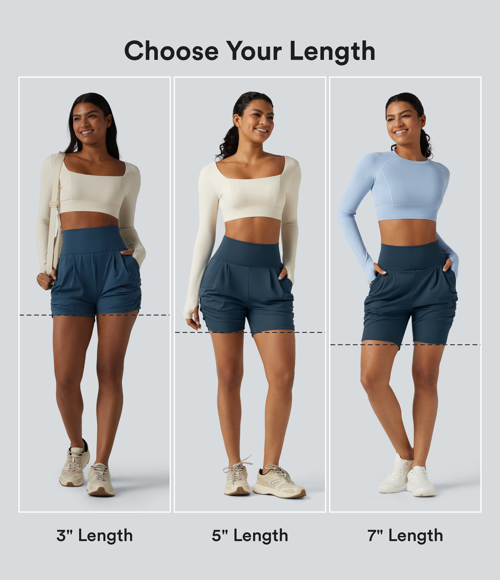 Airy High Waisted Ruched InstantCool Yoga Shorts 5'' with Pockets — Majolica Blue — view 2