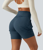 Airy High Waisted Ruched InstantCool Yoga Shorts 5'' with Pockets — Majolica Blue — view 3
