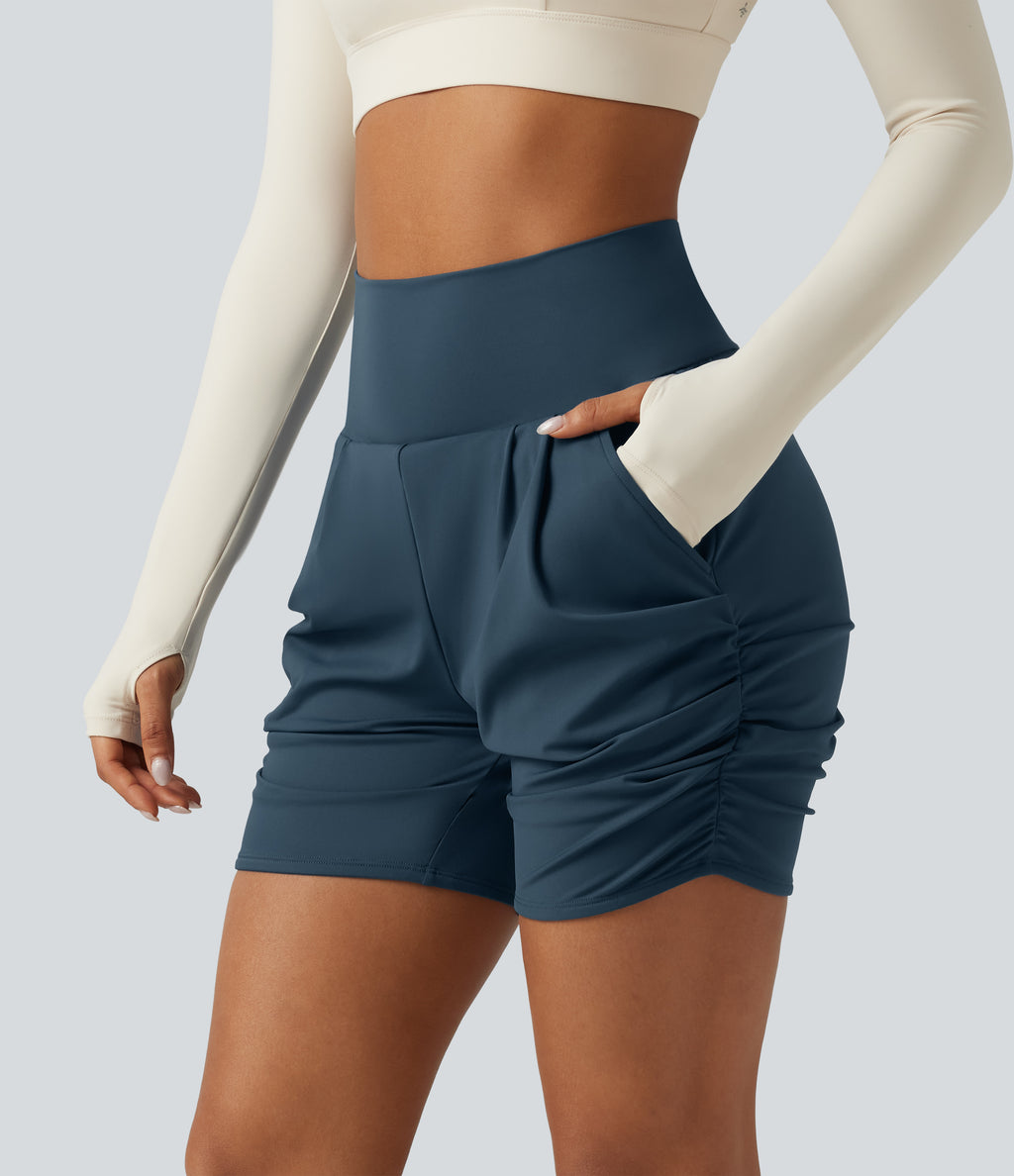 Airy High Waisted Ruched InstantCool Yoga Shorts 5'' with Pockets — Majolica Blue — view 4