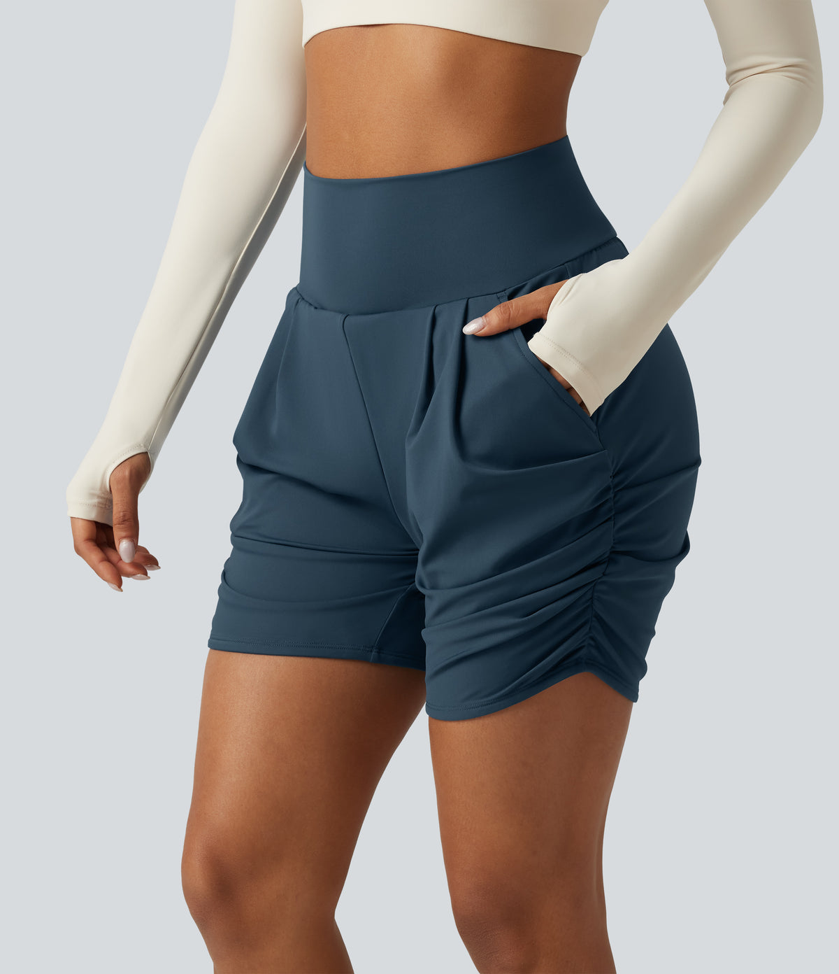 Airy High Waisted Ruched InstantCool Yoga Shorts 5'' with Pockets — Majolica Blue — view 6