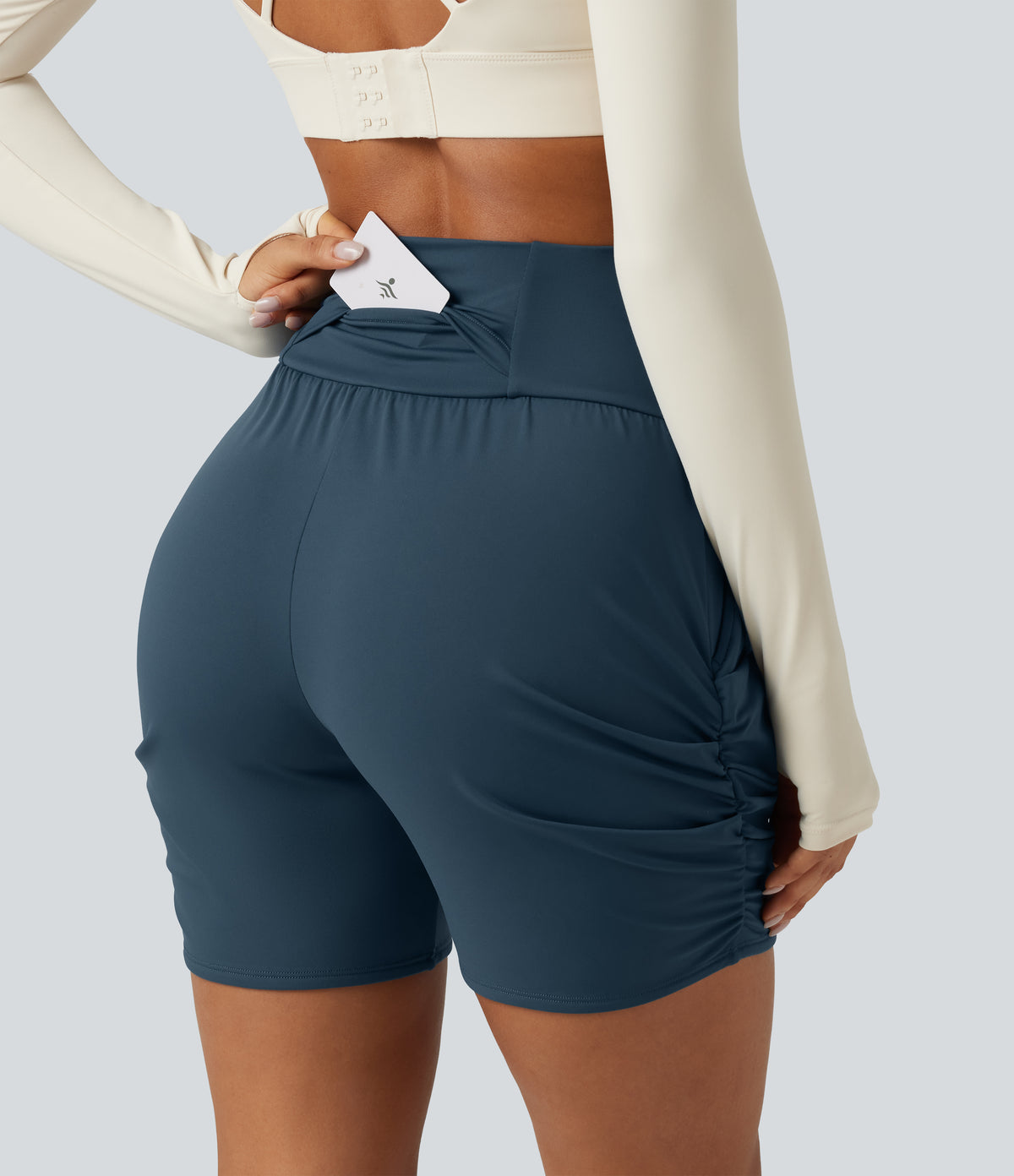 Airy High Waisted Ruched InstantCool Yoga Shorts 5'' with Pockets — Majolica Blue — view 5