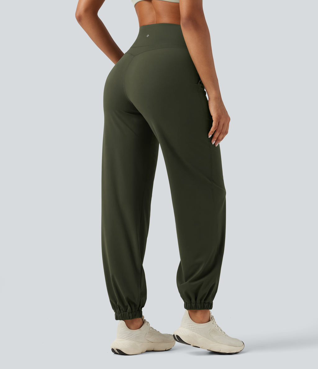 High Waisted Tummy Control Tapered Yoga Joggers with Pockets — Deep Woodland Green — view 2