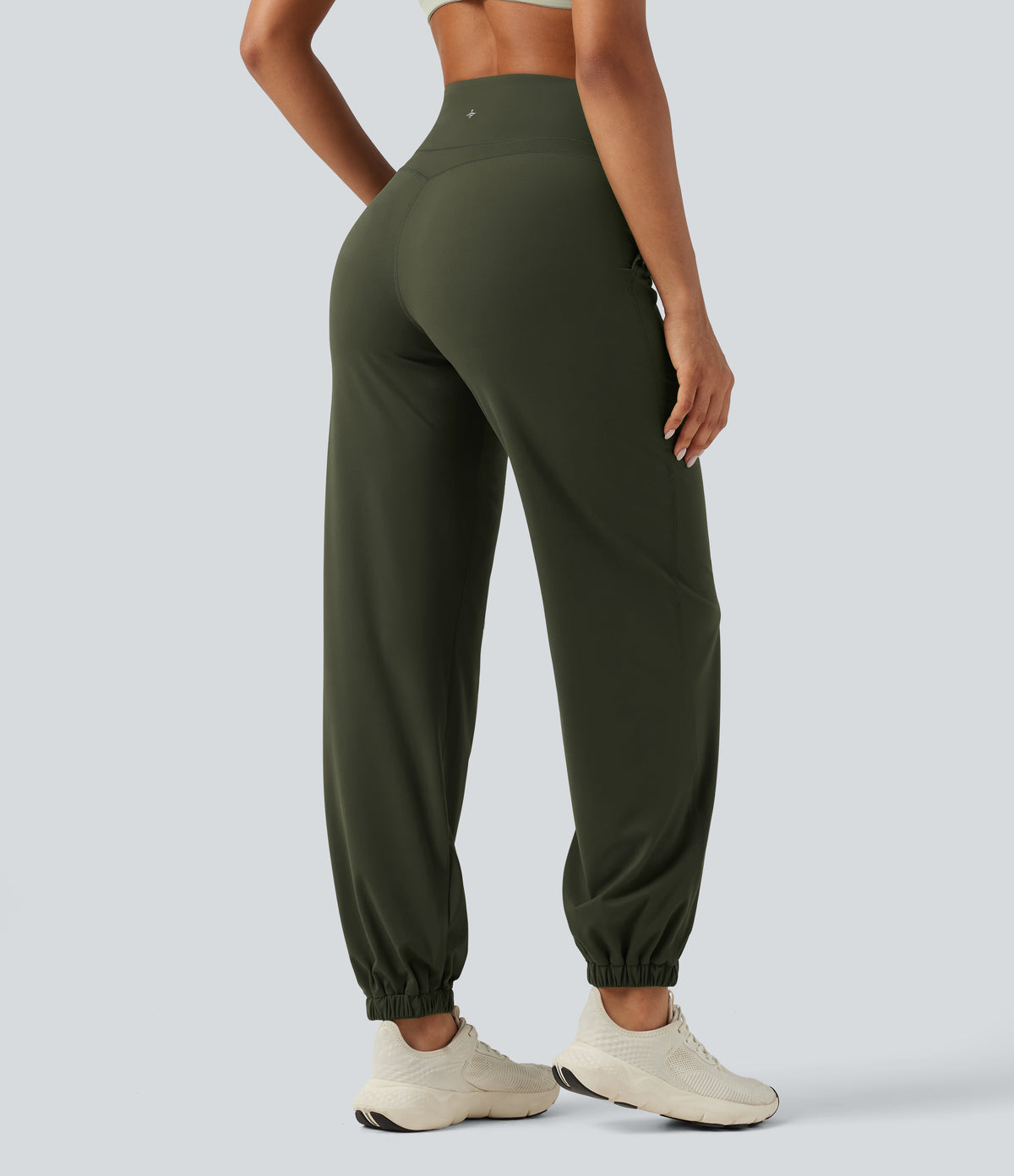 High Waisted Tummy Control Tapered Yoga Joggers with Pockets — Deep Woodland Green — view 2