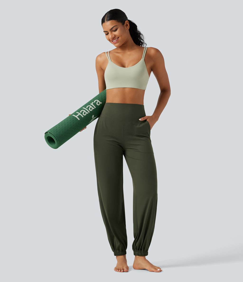 High Waisted Tummy Control Tapered Yoga Joggers with Pockets — Deep Woodland Green — view 8