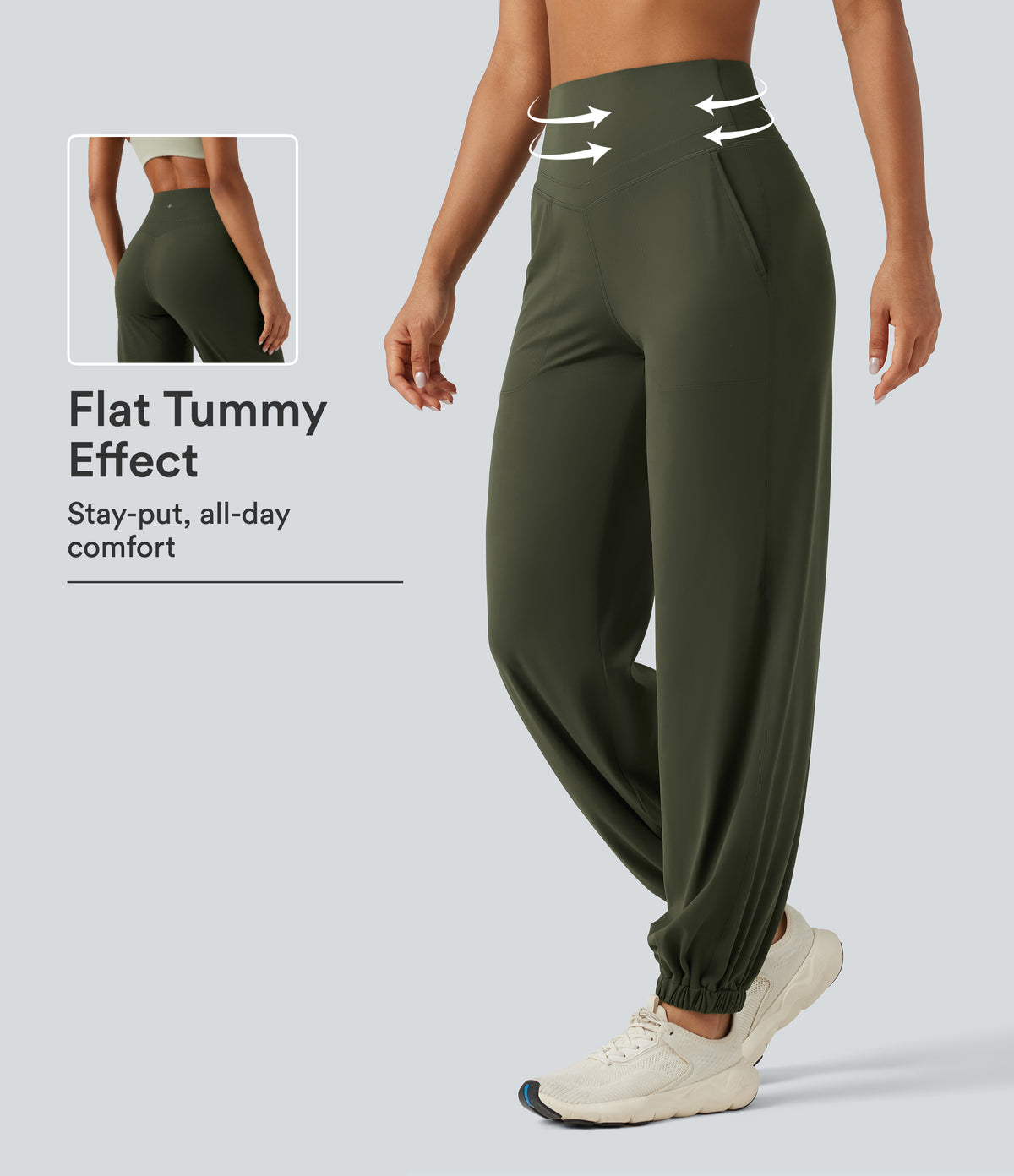 High Waisted Tummy Control Tapered Yoga Joggers with Pockets — Deep Woodland Green — view 1