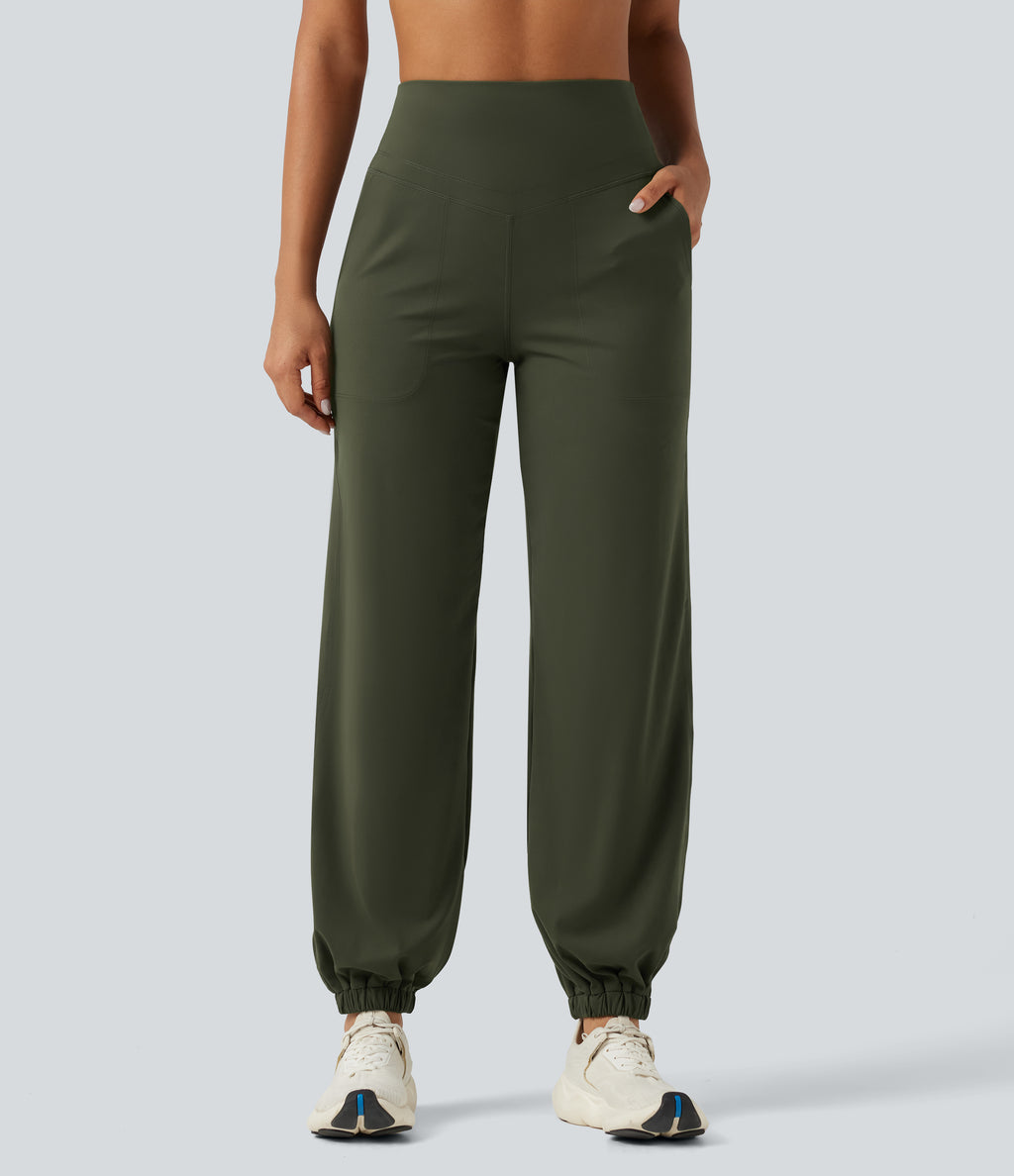 High Waisted Tummy Control Tapered Yoga Joggers with Pockets — Deep Woodland Green — view 3