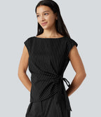 Boat Neck Cap Sleeve Striped Ruched Tie Side Asymmetric Hem Work Blouse — Black White Pinstripe — view 1