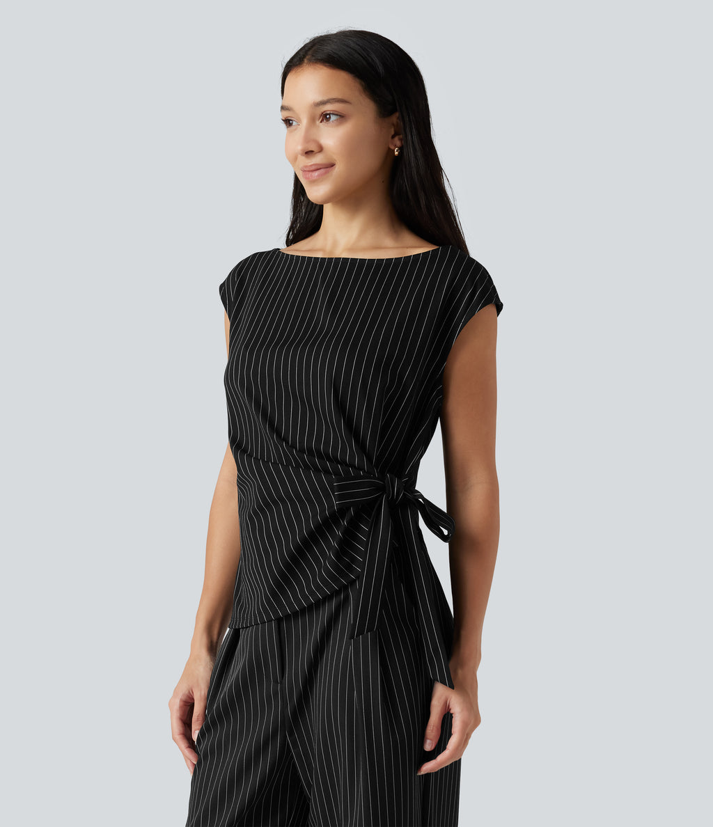 Boat Neck Cap Sleeve Striped Ruched Tie Side Asymmetric Hem Work Blouse — Black White Pinstripe — view 3