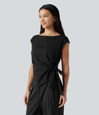 Boat Neck Cap Sleeve Striped Ruched Tie Side Asymmetric Hem Work Blouse — Black White Pinstripe — view 3