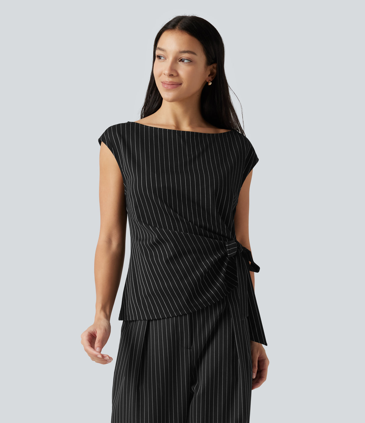 Boat Neck Cap Sleeve Striped Ruched Tie Side Asymmetric Hem Work Blouse — Black White Pinstripe — view 4