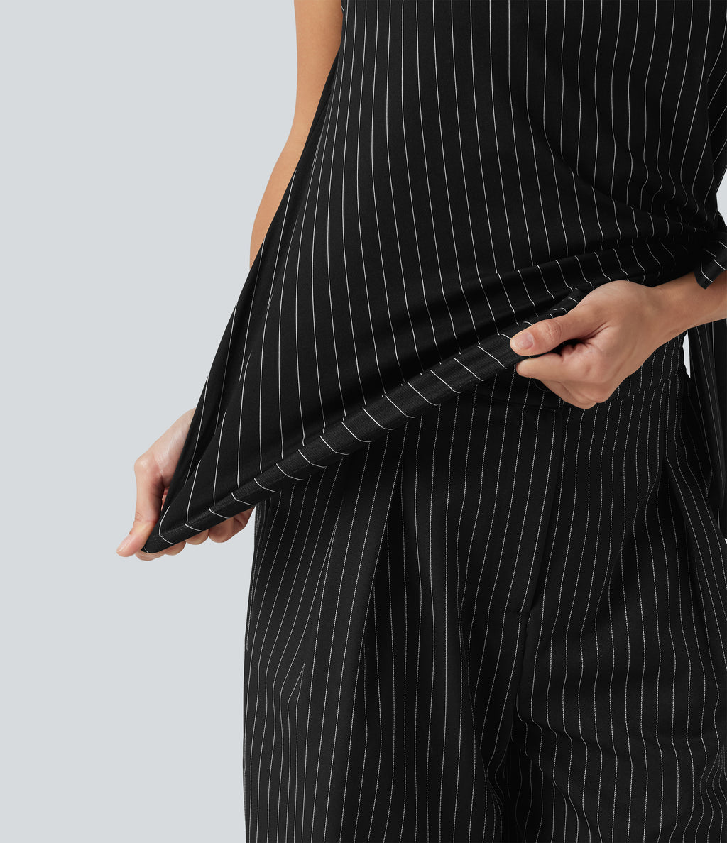 Boat Neck Cap Sleeve Striped Ruched Tie Side Asymmetric Hem Work Blouse — Black White Pinstripe — view 5