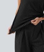Boat Neck Cap Sleeve Striped Ruched Tie Side Asymmetric Hem Work Blouse — Black White Pinstripe — view 5