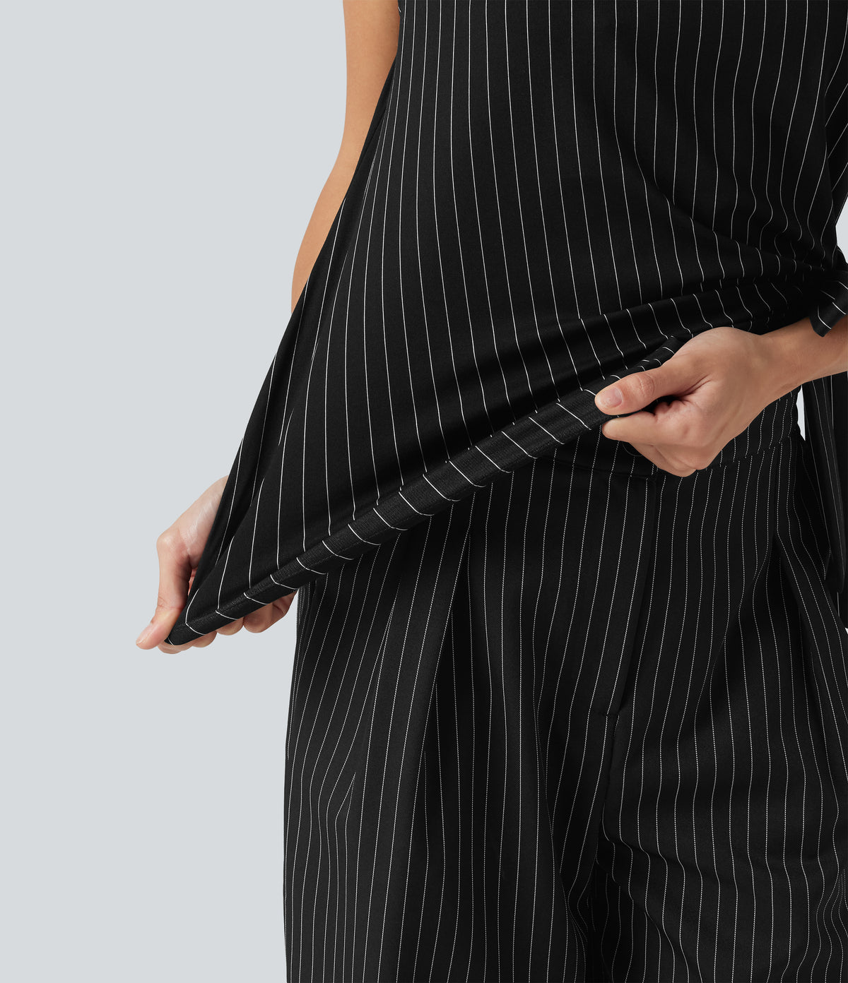 Boat Neck Cap Sleeve Striped Ruched Tie Side Asymmetric Hem Work Blouse — Black White Pinstripe — view 5