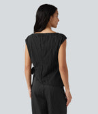 Boat Neck Cap Sleeve Striped Ruched Tie Side Asymmetric Hem Work Blouse — Black White Pinstripe — view 2