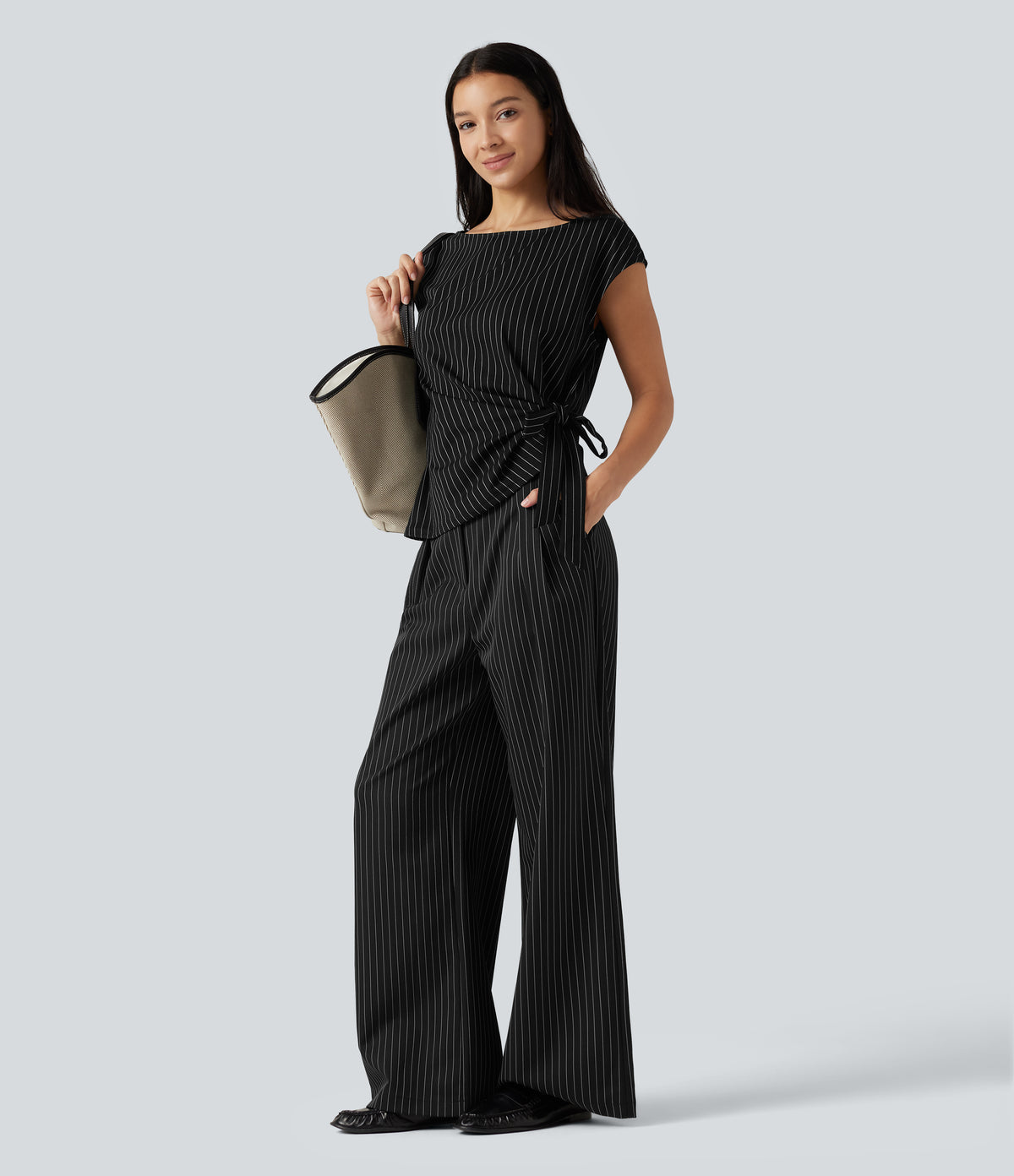 Boat Neck Cap Sleeve Striped Ruched Tie Side Asymmetric Hem Work Blouse — Black White Pinstripe — view 6