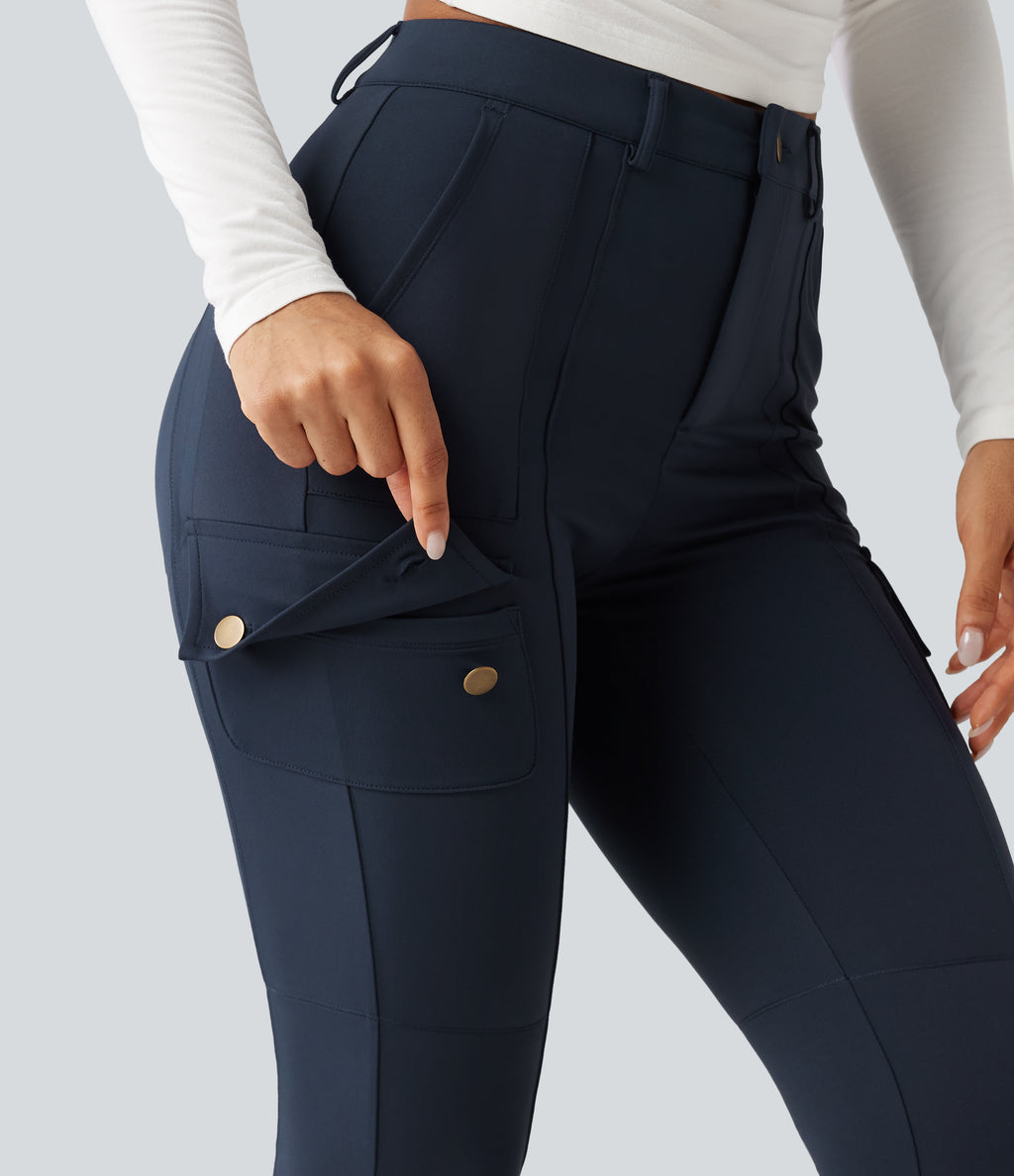 High Waisted Butt Lifting Shaping Casual Cargo Trousers with Pockets — Midnight Blue — view 5