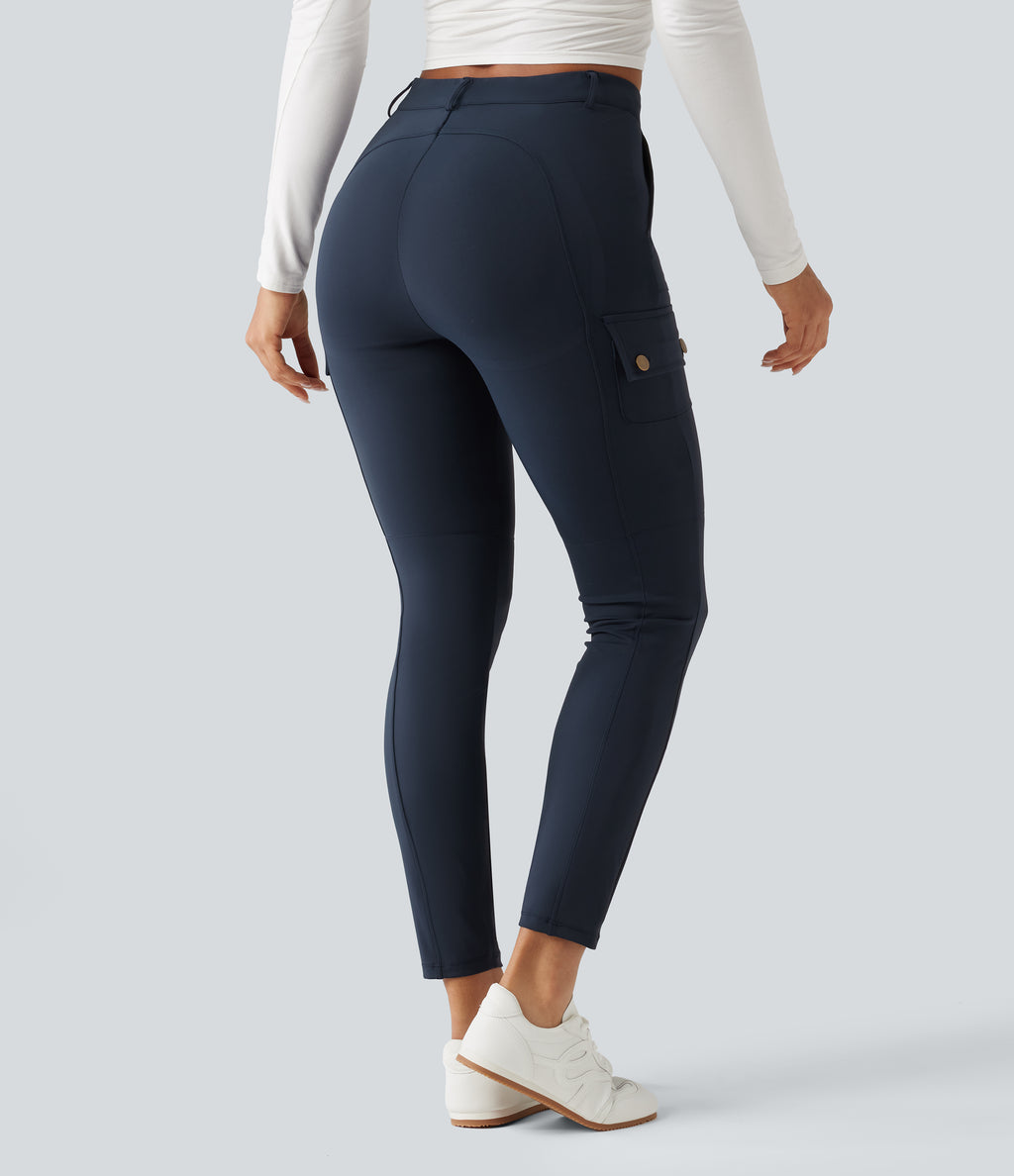 High Waisted Butt Lifting Shaping Casual Cargo Trousers with Pockets — Midnight Blue — view 3