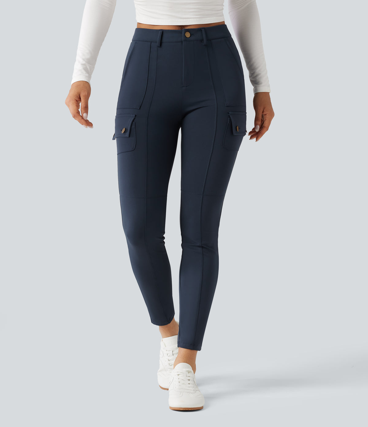 High Waisted Butt Lifting Shaping Casual Cargo Trousers with Pockets — Midnight Blue — view 4